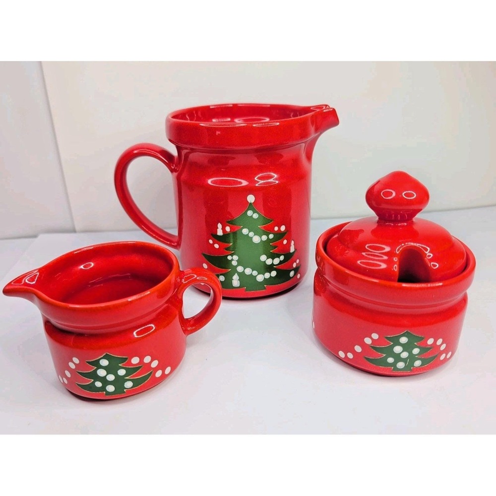 Waechtersbach Christmas Tree Creamer Sugar Bowl & Pitcher Set Germany Vintage